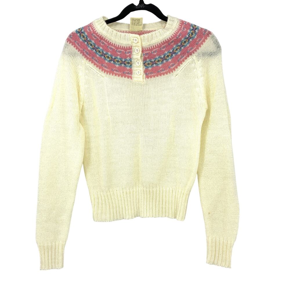 Vintage Pullover Crew Neck Sweater Womens Sz Small Cream Fair Isle Neckline